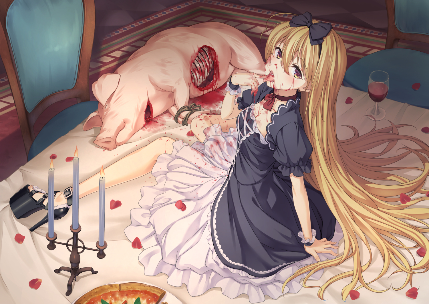 blonde_hair, blood, bow, breasts, choker, cleavage, dress, drink, food, goth-loli, headband, loli, lolita_fashion, long_hair, original, petals, pizza, ribbons, rope, tenkuu_nozora, wristwear, yellow_eyes