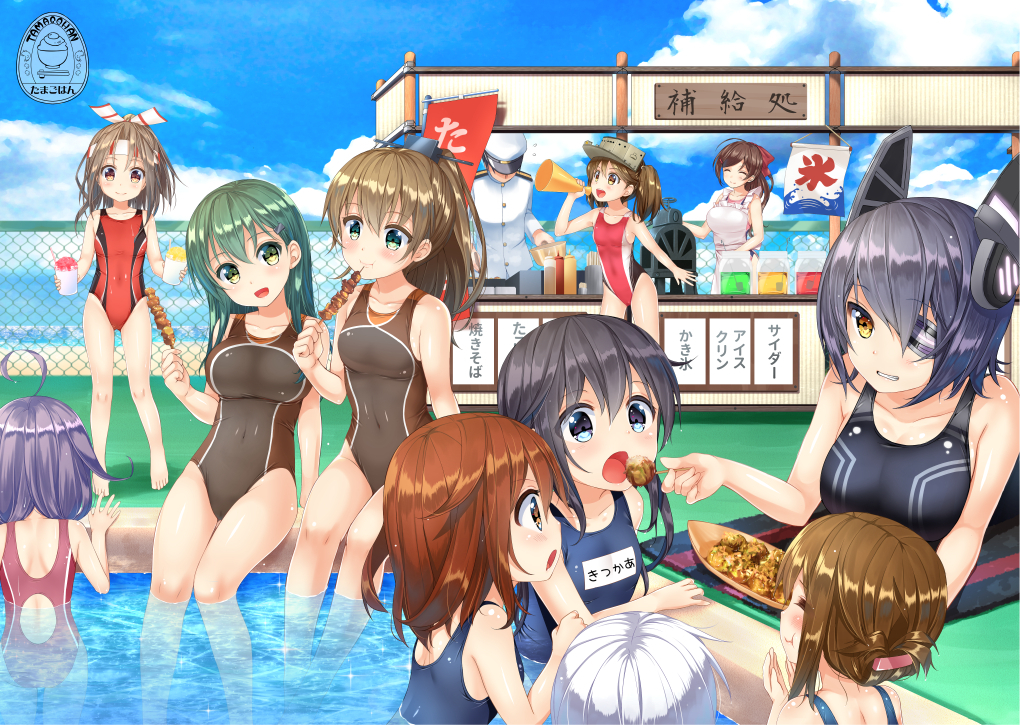 5han, admiral_(kancolle), akatsuki_(kancolle), anthropomorphism, drink, eyepatch, food, group