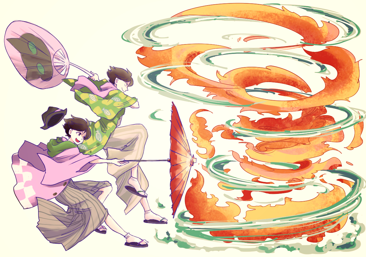 all_male, brown_hair, fan, fire, hat, japanese_clothes, magic, male