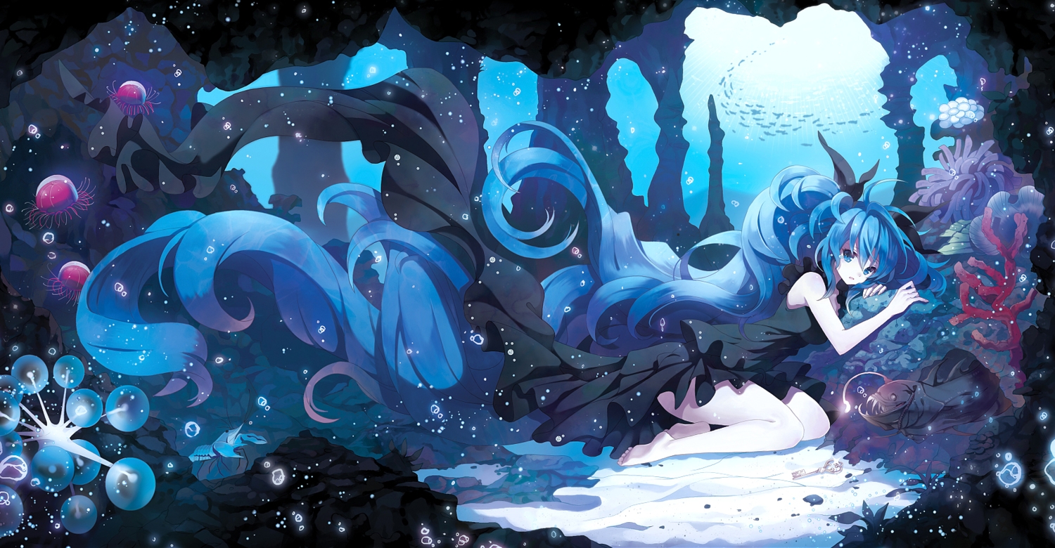 animal, aqua_eyes, aqua_hair, barefoot, bubbles, deep-sea_girl_(vocaloid), dress, fish