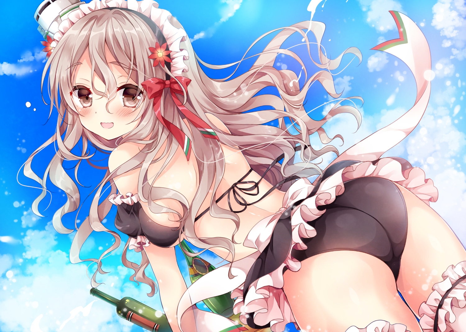 anthropomorphism, apron, ass, bikini, blush, brown_eyes, brown_hair, clouds