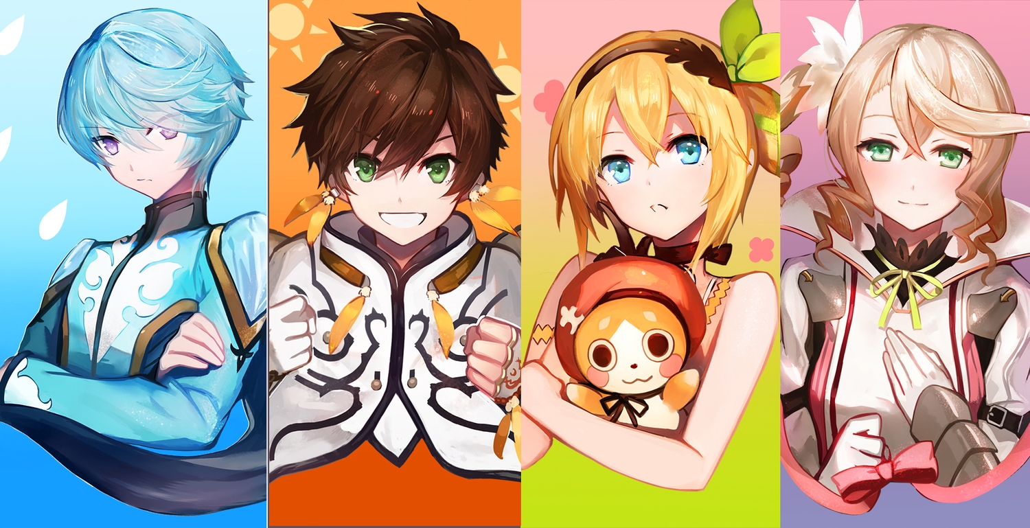 alisha_(zestiria), aqua_eyes, aqua_hair, blonde_hair, brown_hair, choker, doll, edna_(zestiria), gloves, green_eyes, headband, juexing_(moemoe3345), male, mikleo_(zestiria), ponytail, purple_eyes, short_hair, sorey_(zestiria), tales_of_zestiria