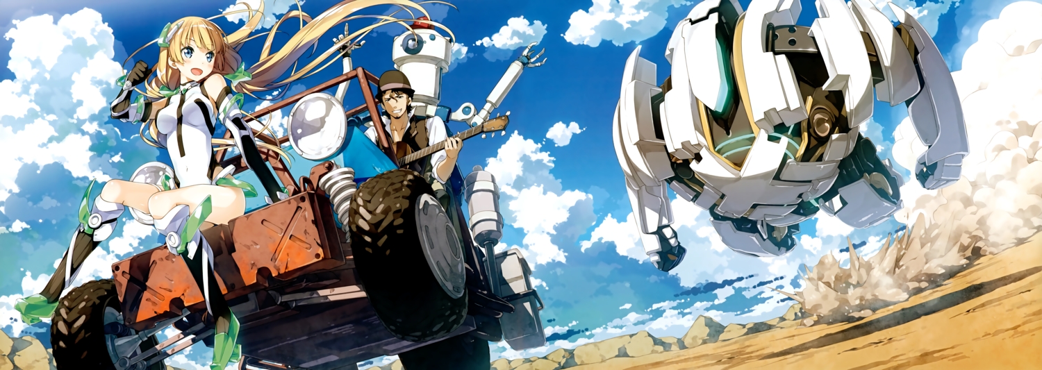 5_nenme_no_houkago, angela_balzac, blonde_hair, blue_eyes, bodysuit, car, clouds, desert