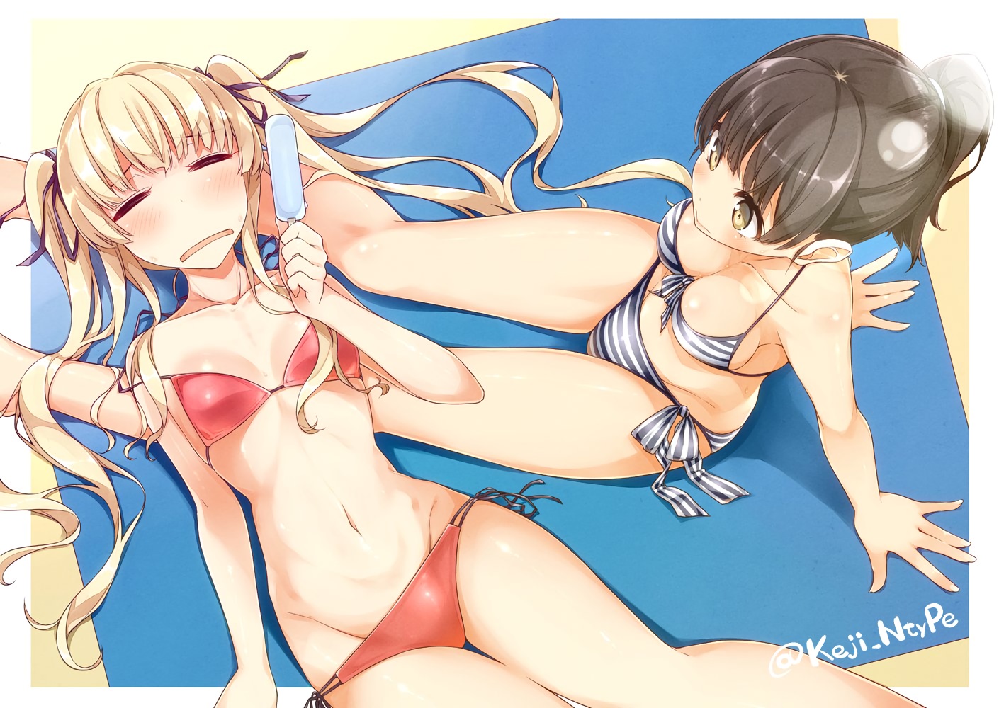 2girls, bikini, blonde_hair, breasts, cleavage, katou_megumi, mizoguchi_keiji, popsicle, saenai_heroine_no_sodatekata, sawamura_spencer_eriri, summer, swimsuit