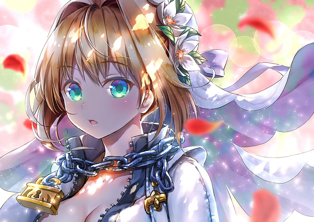 aqua_eyes, blonde_hair, breasts, chain, cleavage, close, fate/grand_order, fate_(series)