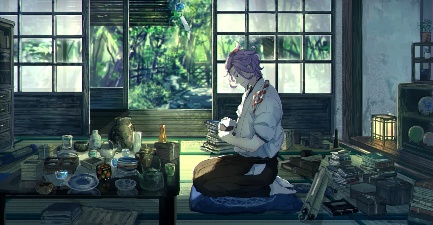 all_male, anthropomorphism, barefoot, book, green, kasen_kanesada, male, pippi_(p3i2), touken_ranbu