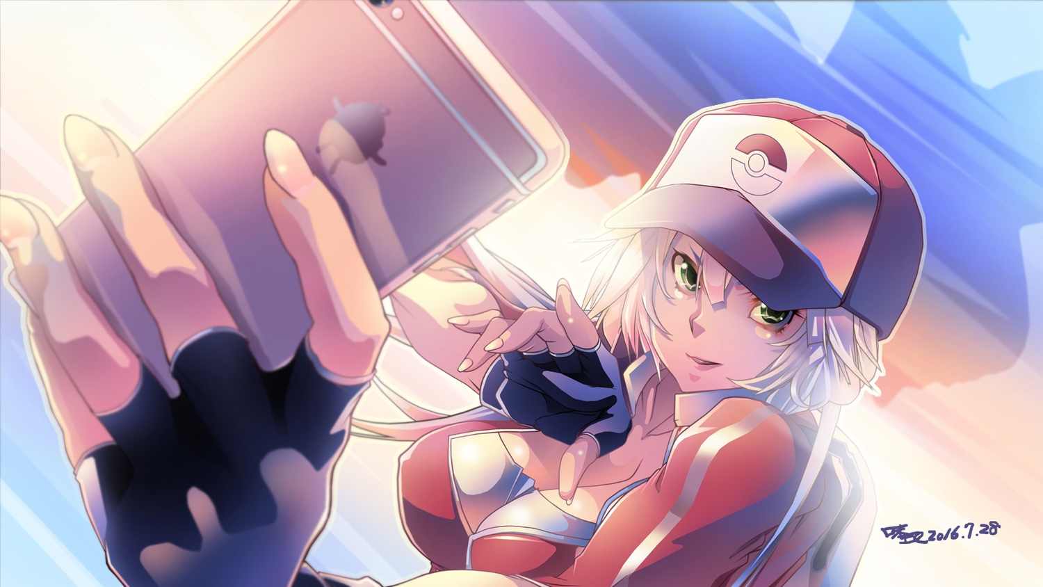 azitama_atsushi_(attyuu), female_protagonist_(pokemon_go), hat, long_hair, phone, pokemon