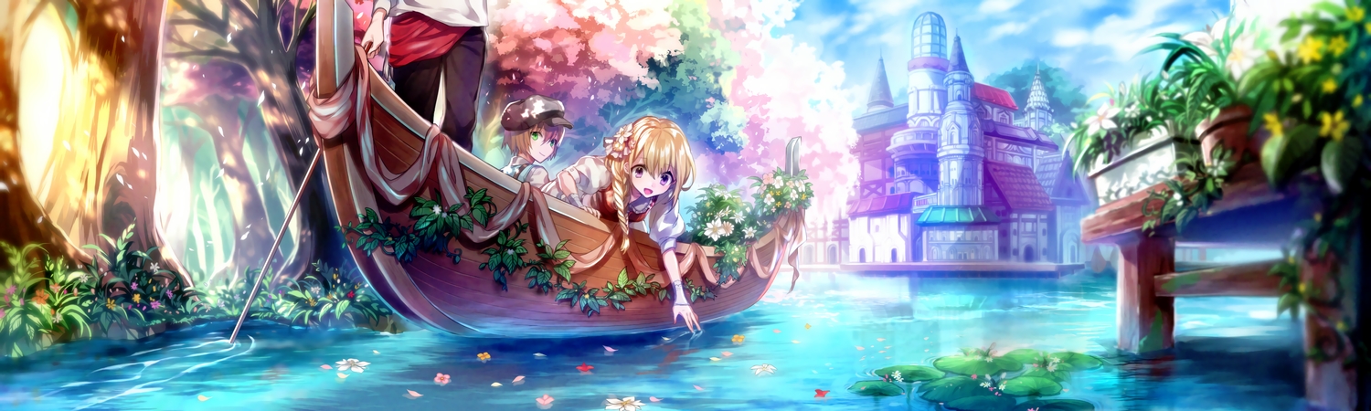 blonde_hair, boat, braids, building, city, dualscreen, flowers, forest
