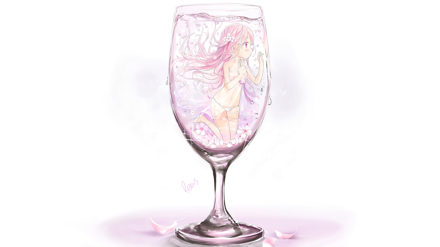 anthropomorphism, cherry_blossoms, drink, flowers, loli, original, peas_(peas0125), petals