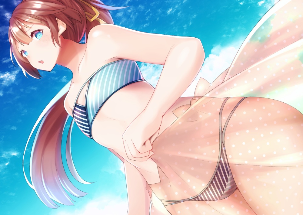 anthropomorphism, aqua_eyes, bikini, brown_hair, clouds, flat_chest, kantai_collection, kazagumo_(kancolle), long_hair, ponytail, see_through, skirt, sky, swimsuit, tobi-mura