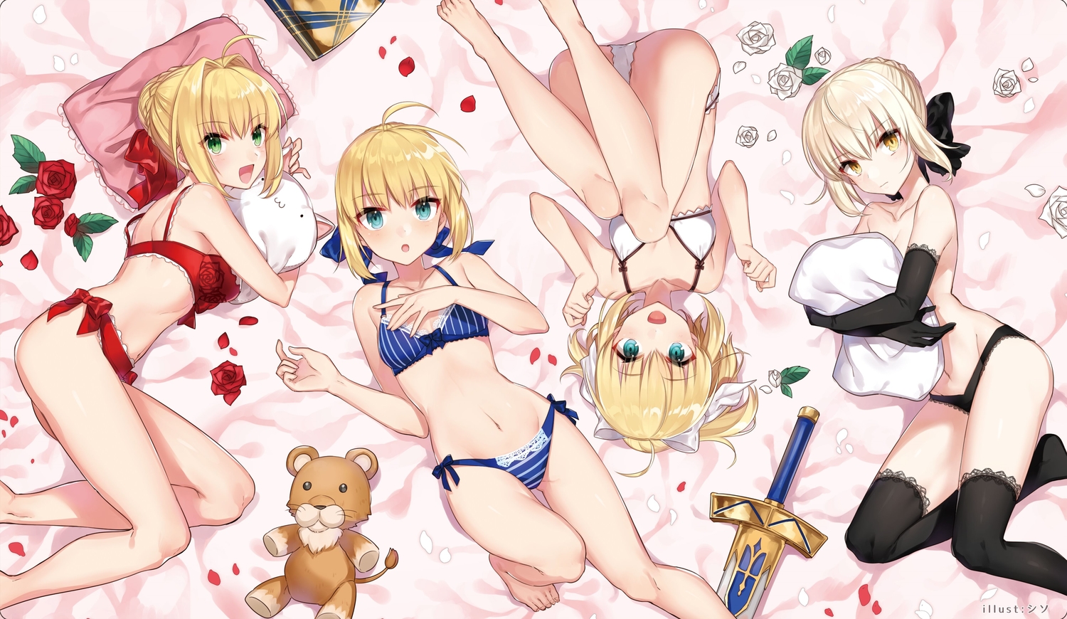 artoria_pendragon_(all), bikini, blonde_hair, blue_eyes, elbow_gloves, fate_(series), fate/stay_night, gloves