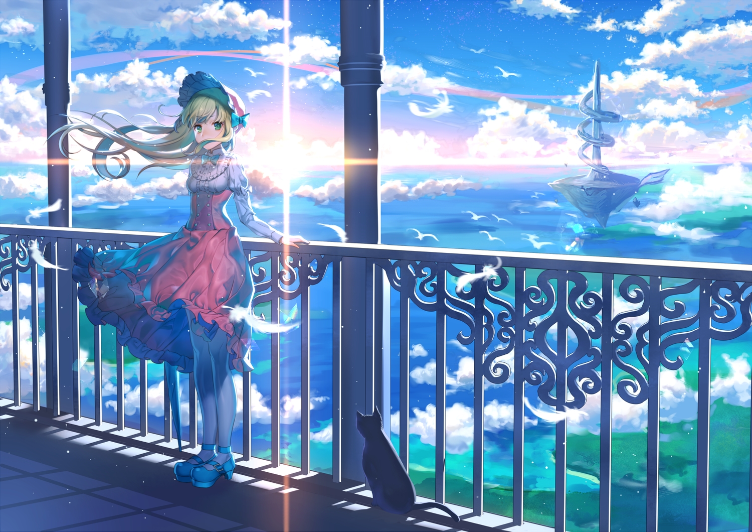 animal, bow, cat, clouds, green_eyes, green_hair, headdress, kikugetsu, lolita_fashion, long_hair, original, pantyhose, sky, stockings