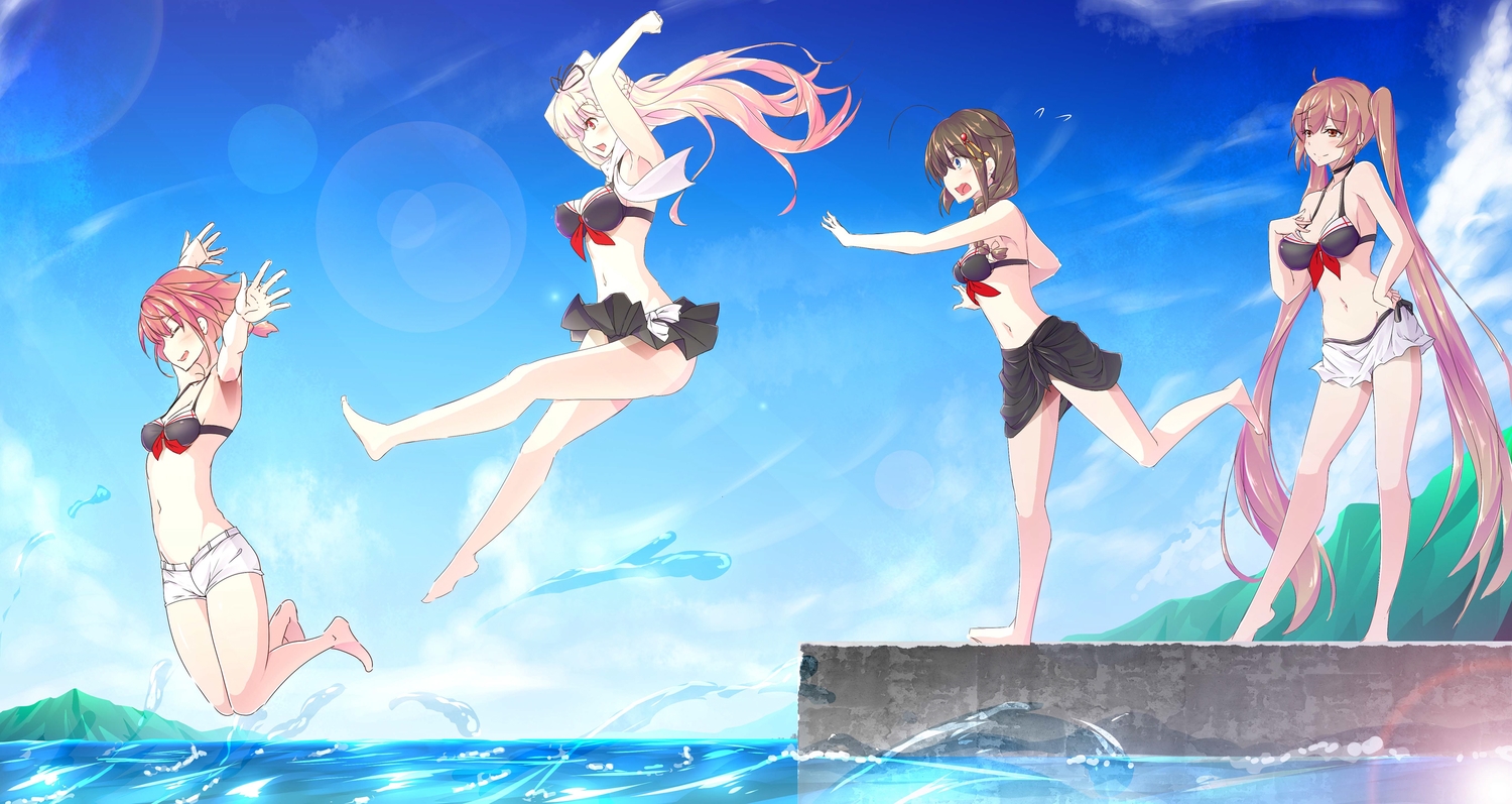 anthropomorphism, bikini_top, group, inu3, kantai_collection, murasame_(kancolle), shigure_(kancolle), shiratsuyu_(kancolle), water, yuudachi_(kancolle)