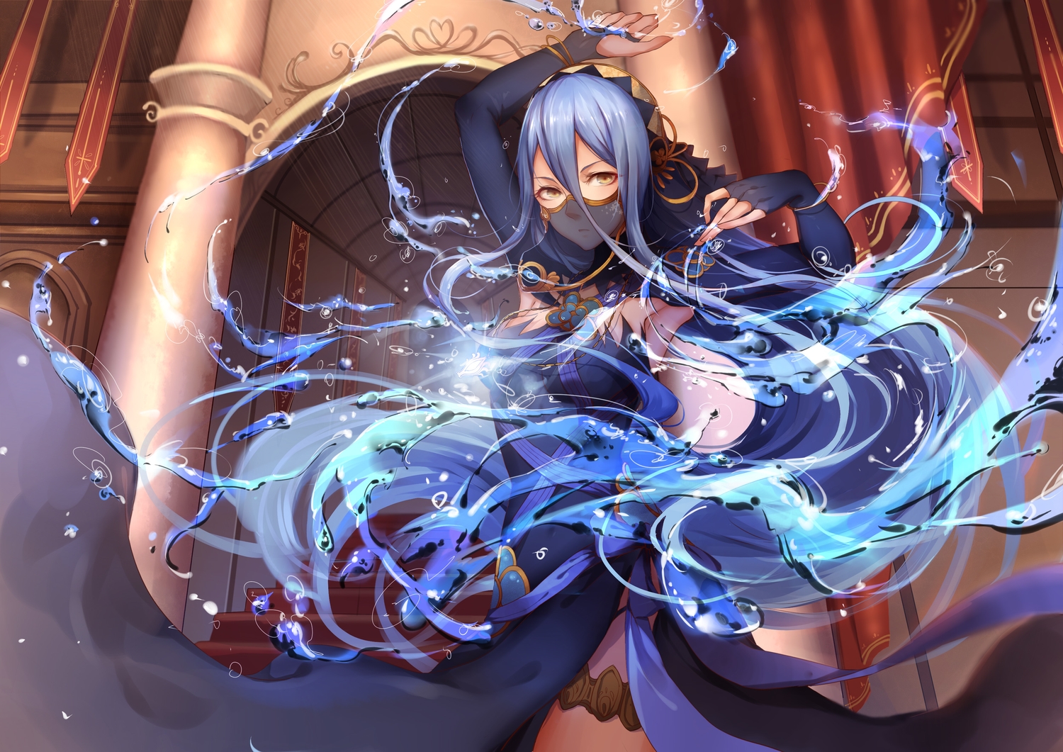 aqua_(fire_emblem_fates), blue_hair, cr, dress, elbow_gloves, fire_emblem, fire_emblem_fates, gloves, long_hair, yellow_eyes