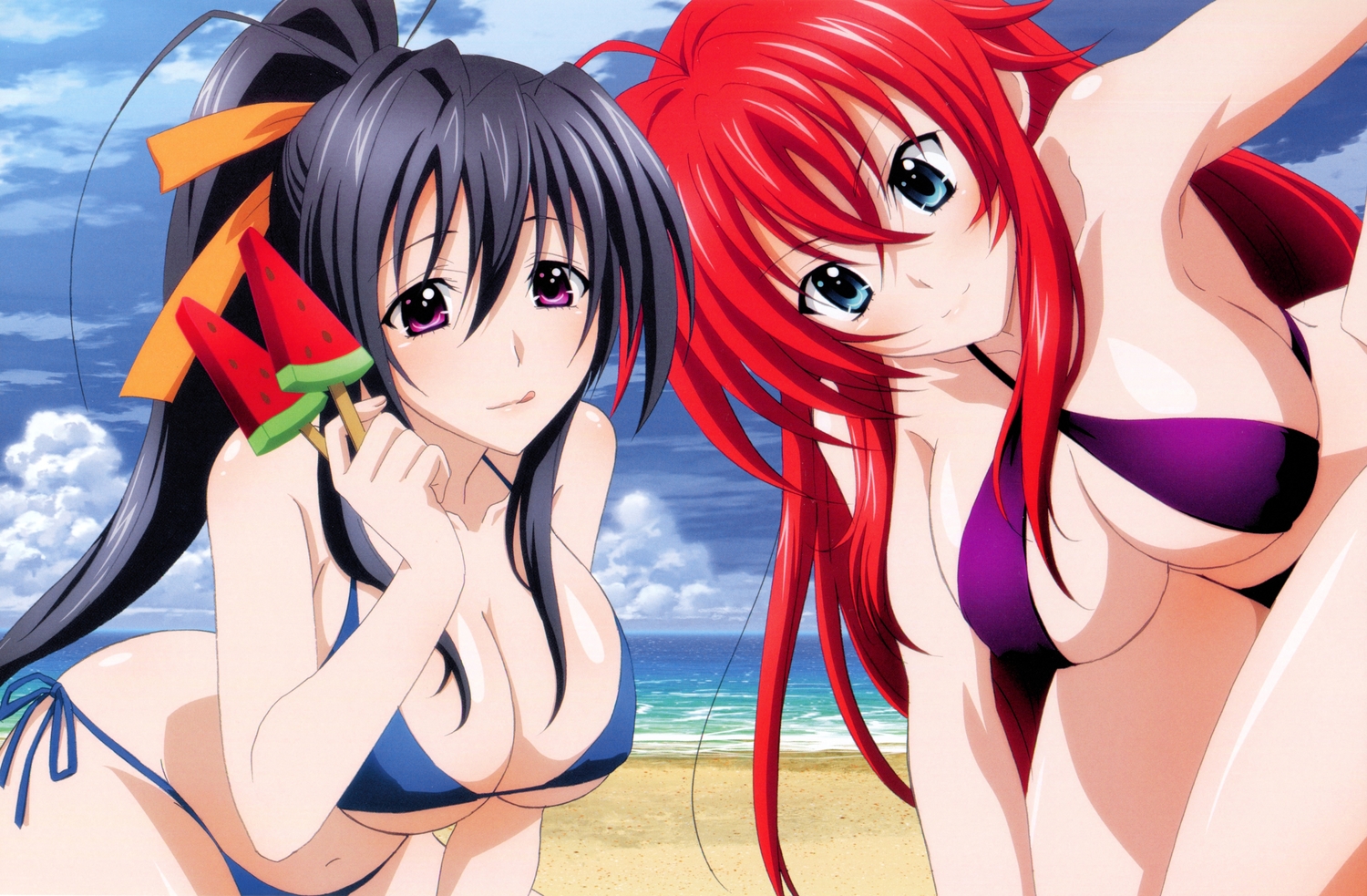 2girls, beach, bikini, black_hair, blue_eyes, breasts, cleavage, clouds, erect_nipples, highschool_dxd, himejima_akeno, long_hair, nakajima_yoshiko, navel, purple_eyes, red_hair, rias_gremory, scan, swimsuit, underboob, water