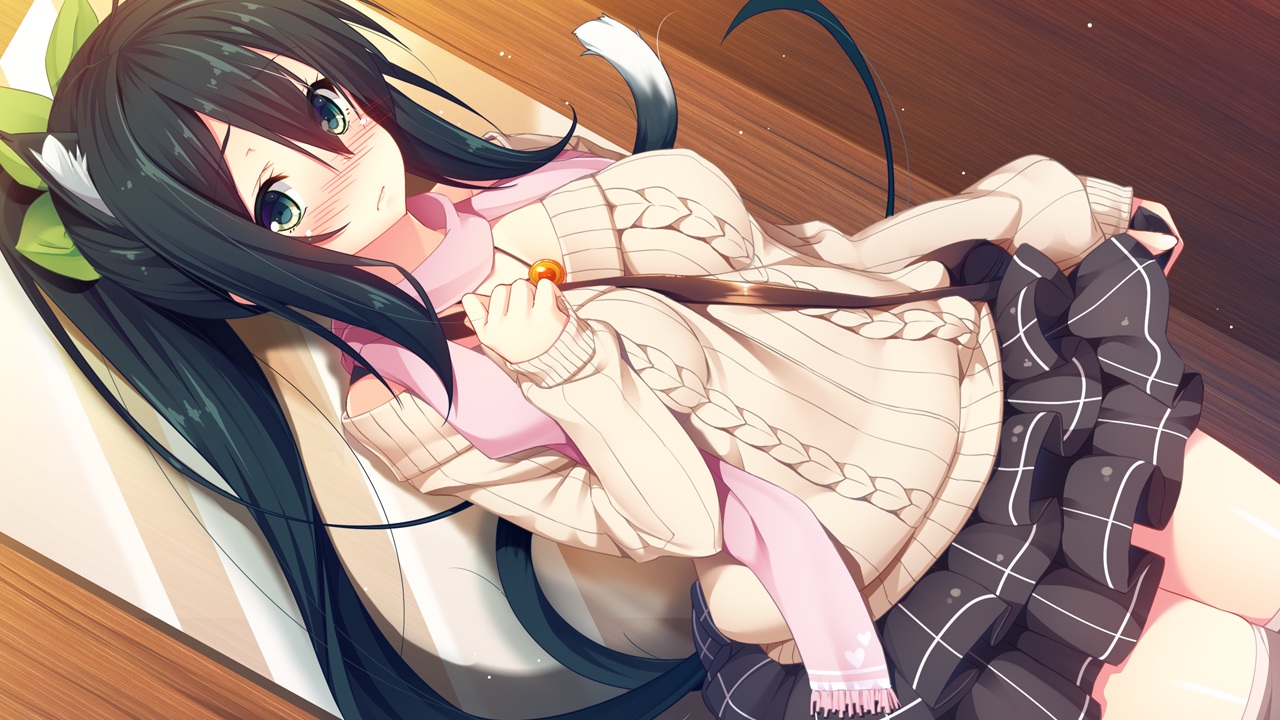 animal_ears, aristear_remain, astronauts, black_hair, blush, catgirl, game_cg, green_eyes