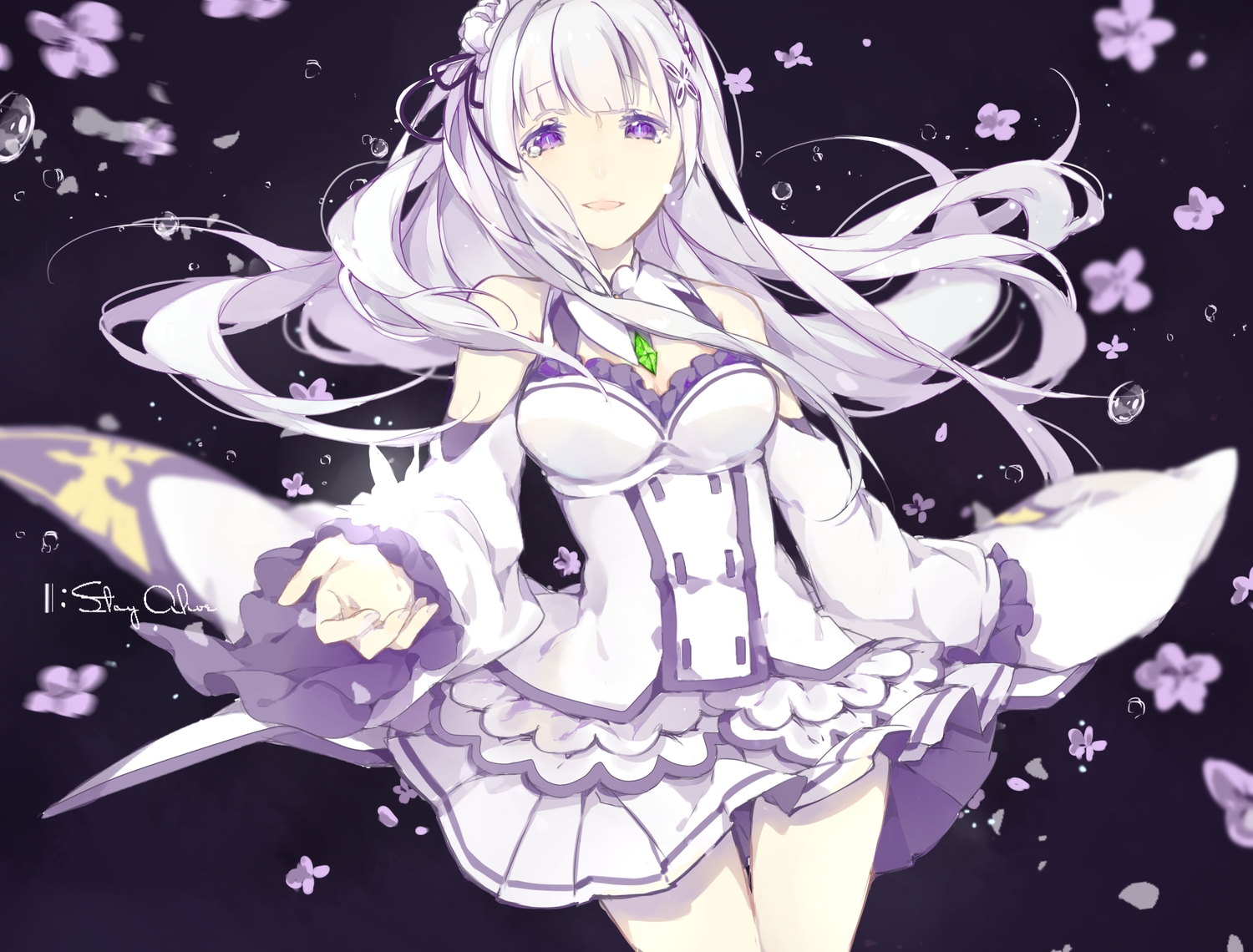 breasts, cleavage, collar, emilia_(re:zero), flowers, long_hair, miyuki_(miyuki_05290), purple_eyes, re:zero_kara_hajimeru_isekai_seikatsu, skirt, tears, water, white_hair