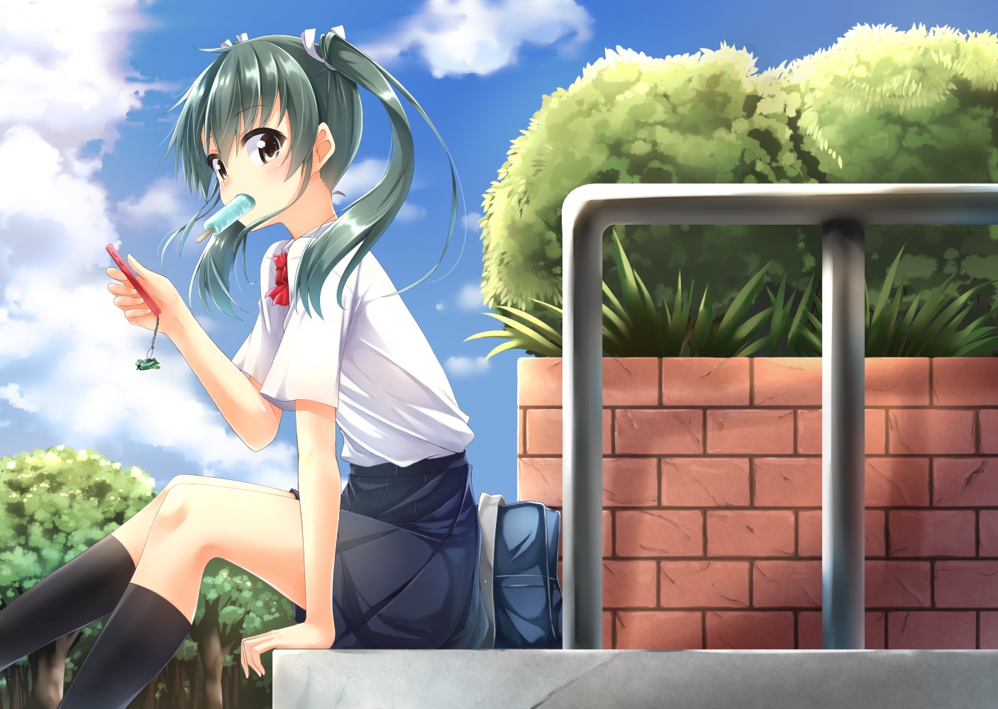 anthropomorphism, clouds, food, green_hair, hino_(2nd_life), kantai_collection, kneehighs, leaves, long_hair, phone, popsicle, school_uniform, skirt, sky, tree, twintails, yellow_eyes, zuikaku_(kancolle)