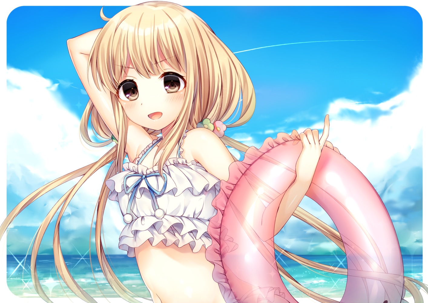 beach, bikini, blonde_hair, blush, breasts, brown_eyes, cleavage, clouds, futaba_anzu, idolmaster, idolmaster_cinderella_girls, long_hair, navel, ntk_(7t5), sky, swim_ring, swimsuit, twintails, water