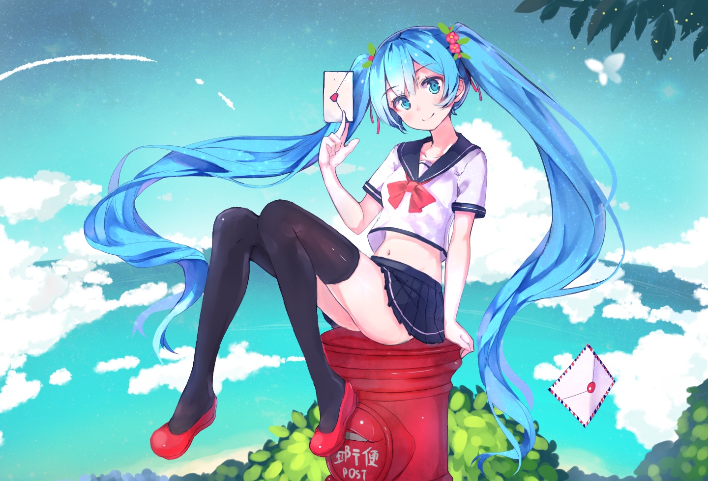 aqua_eyes, aqua_hair, clouds, hatsune_miku, leaves, long_hair, navel, paper, school_uniform, sky, twintails, vocaloid, z_shichao