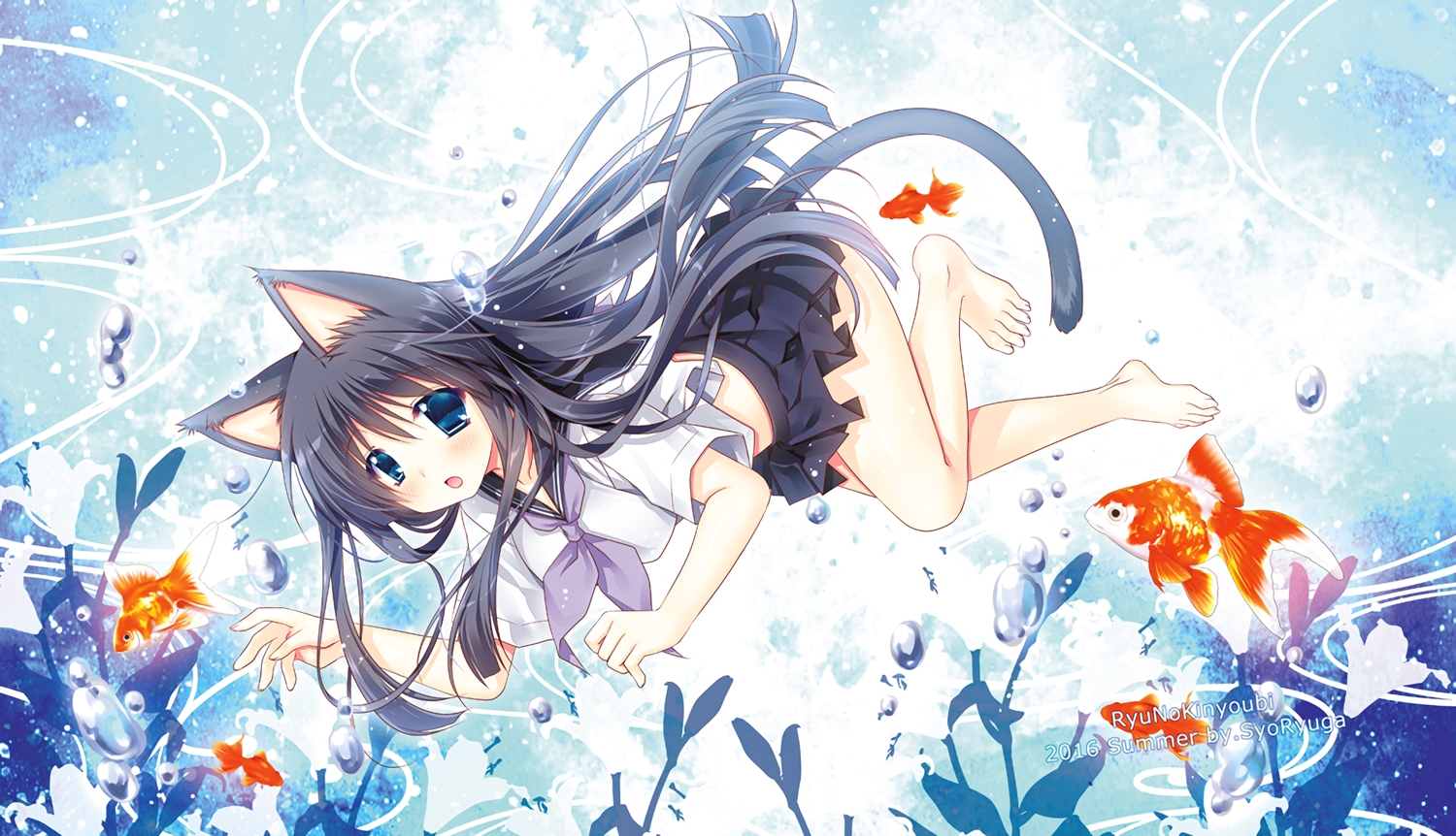animal, animal_ears, barefoot, black_hair, blue_eyes, catgirl, fish, long_hair, original, ryuuga_shou, school_uniform, tail, underwater, waifu2x, water, watermark