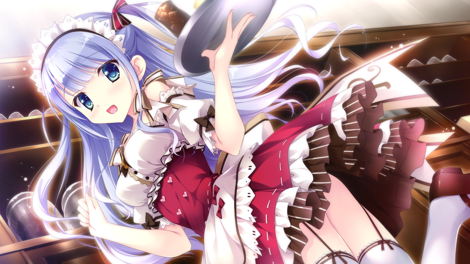 ensemble_(company), game_cg, kimishima_ao, koi_suru_kimochi_no_kasanekata, koi_suru_kimochi_no_kasanekata_~kasaneta_omoi_zutto~, ougi_ichika, stockings, thighhighs, waitress