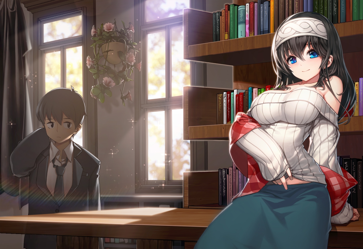 aqua_eyes, book, breasts, brown_hair, cleavage, flowers, headband, idolmaster