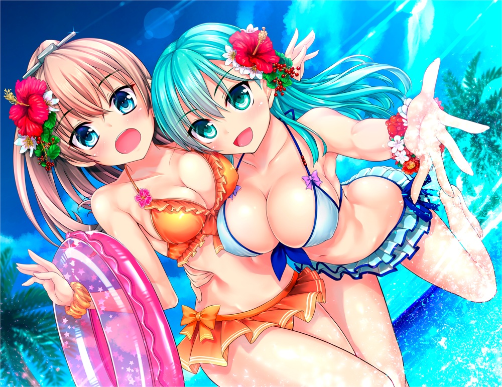 2girls, akizuki_akina, anthropomorphism, aqua_eyes, aqua_hair, bikini, blonde_hair, breasts, cleavage, clouds, erect_nipples, flowers, headdress, hug, kantai_collection, kumano_(kancolle), long_hair, navel, ponytail, sky, suzuya_(kancolle), swim_ring, swimsuit, tree, water, wristwear