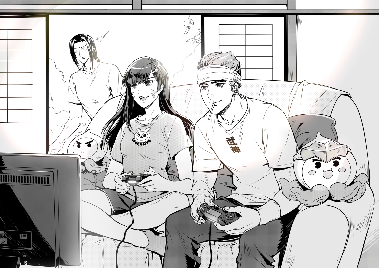 couch, d.va, game_console, genji_(overwatch), hanzo_(overwatch), long_hair, male, monochrome