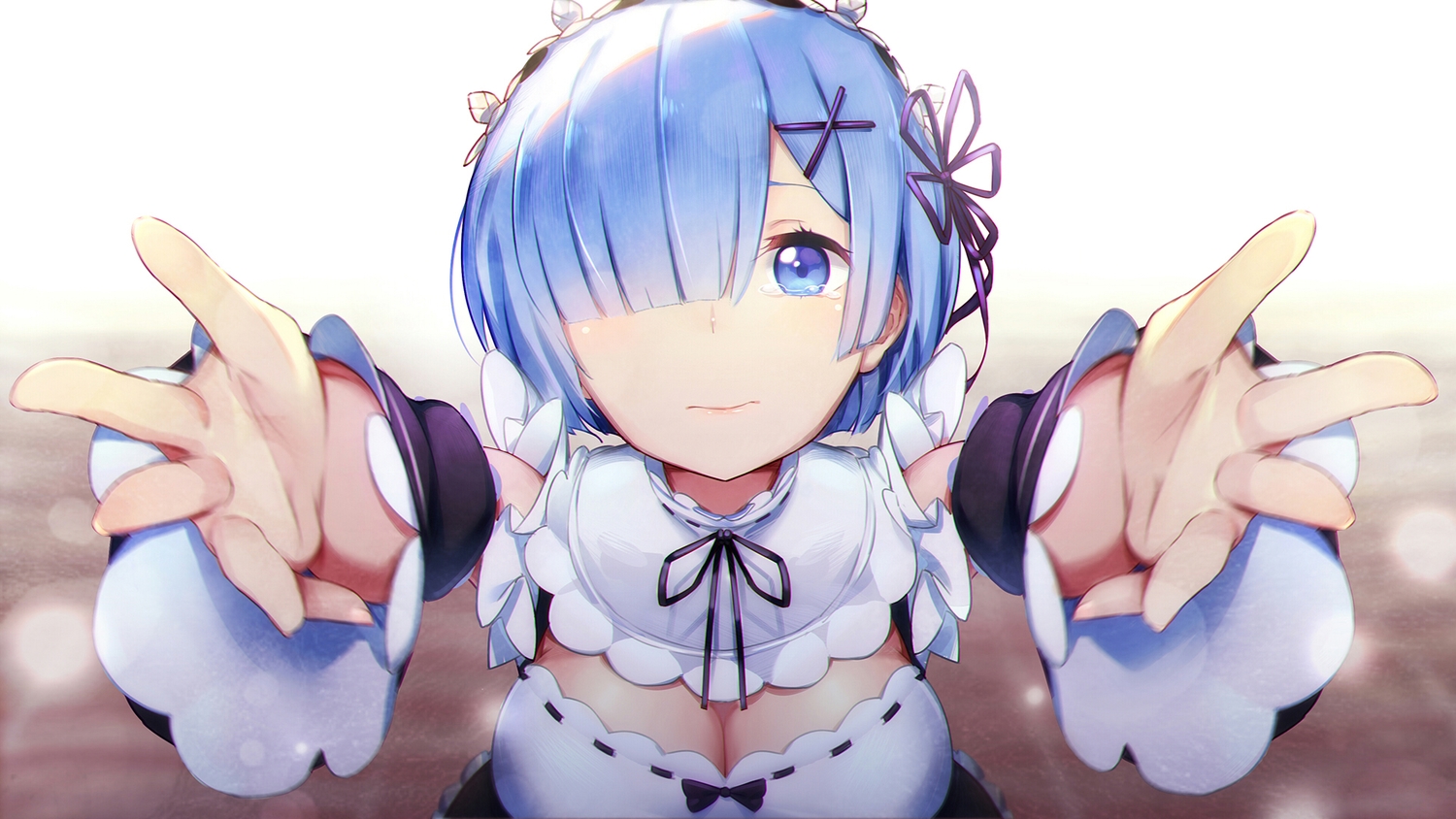 blue_eyes, blue_hair, breasts, cleavage, headband, maid, rem_(re:zero), re:zero_kara_hajimeru_isekai_seikatsu, ring_(1079882045), short_hair, tears