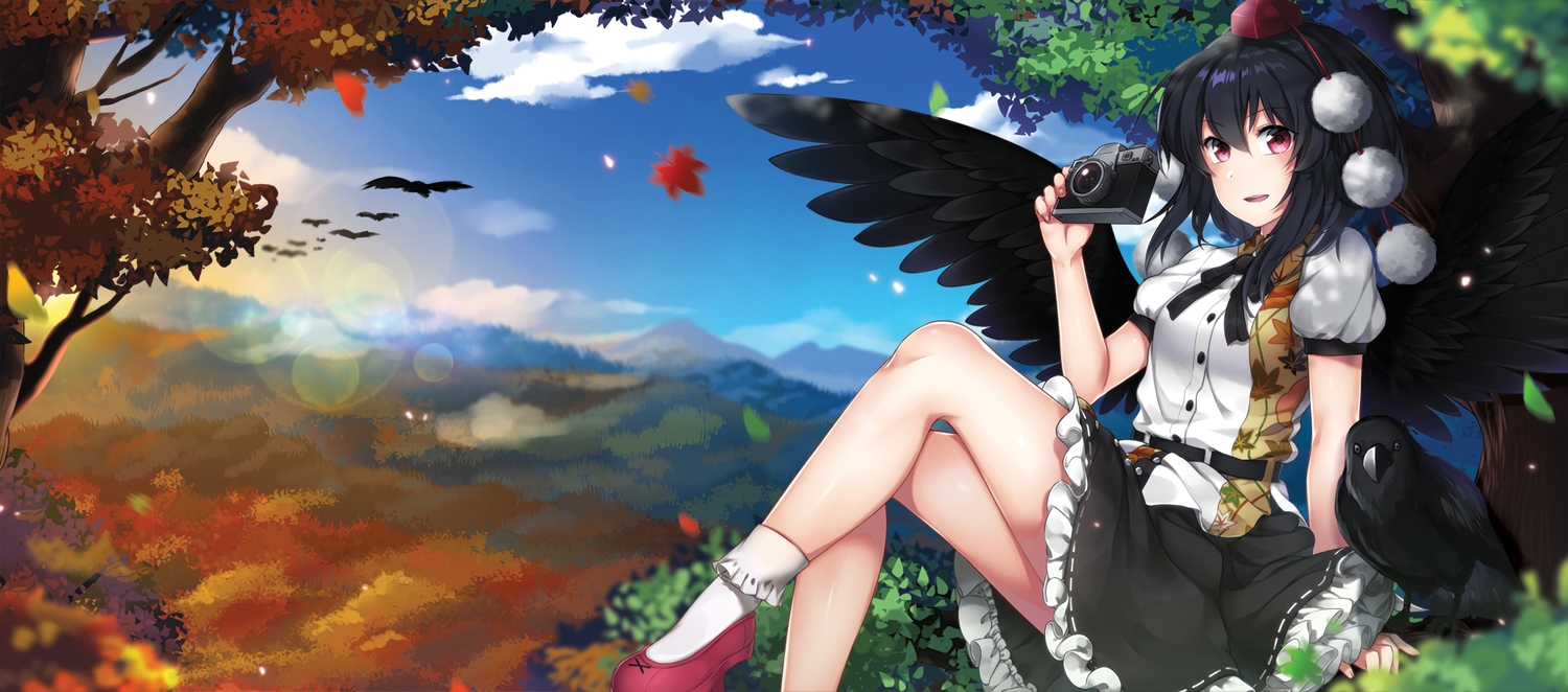 animal, bird, black_hair, blush, camera, clouds, hat, leaves