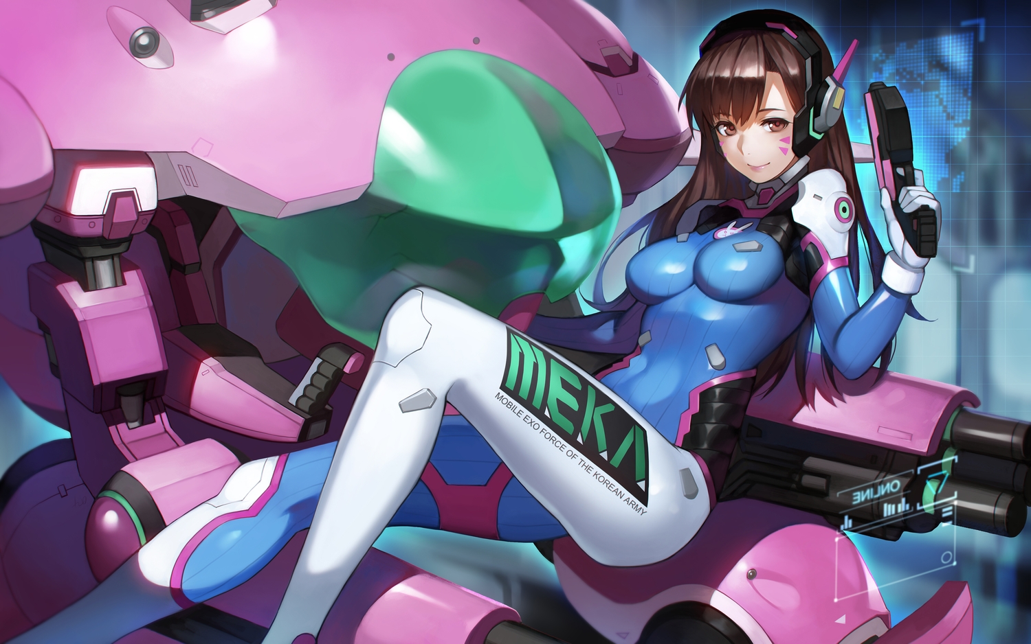 bodysuit, brown_eyes, brown_hair, d.va, gun, headphones, long_hair, overwatch, skintight, weapon, yykuaixian