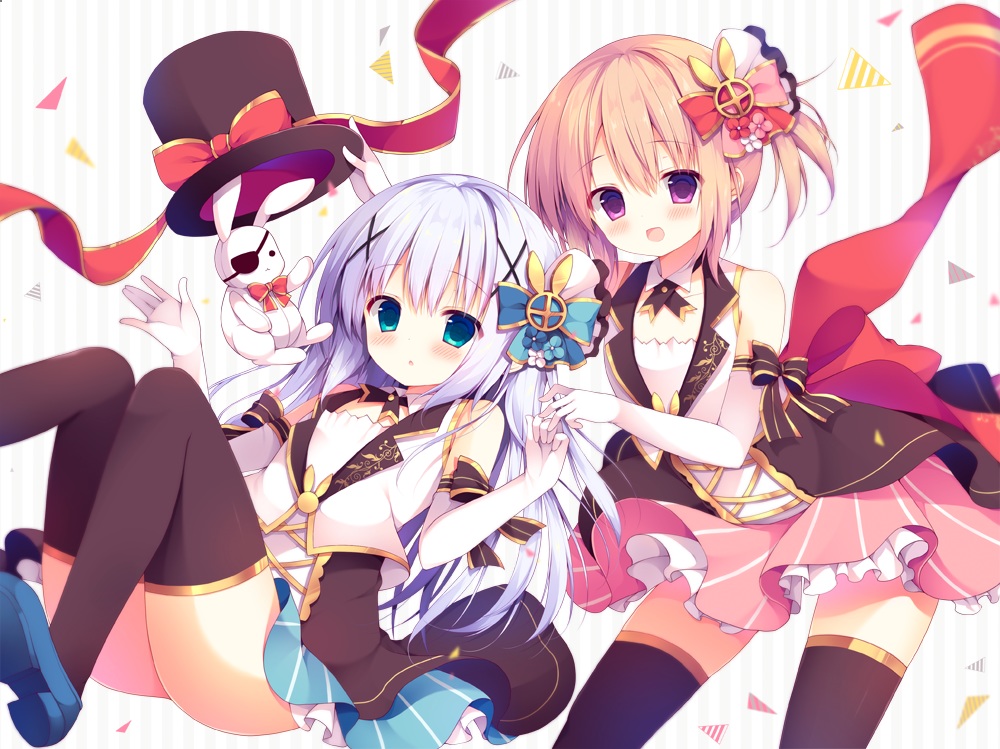 2girls, aqua_eyes, blush, bow, bunny, collar, dress, elbow_gloves