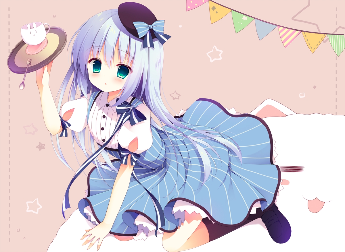 aqua_eyes, aqua_hair, bow, dress, drink, gochuumon_wa_usagi_desu_ka?, hat, izumi_yuhina