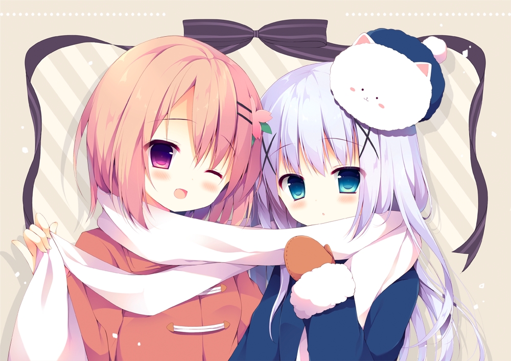 2girls, aqua_eyes, blush, gloves, gochuumon_wa_usagi_desu_ka?, hat, hoto_cocoa, izumi_yuhina