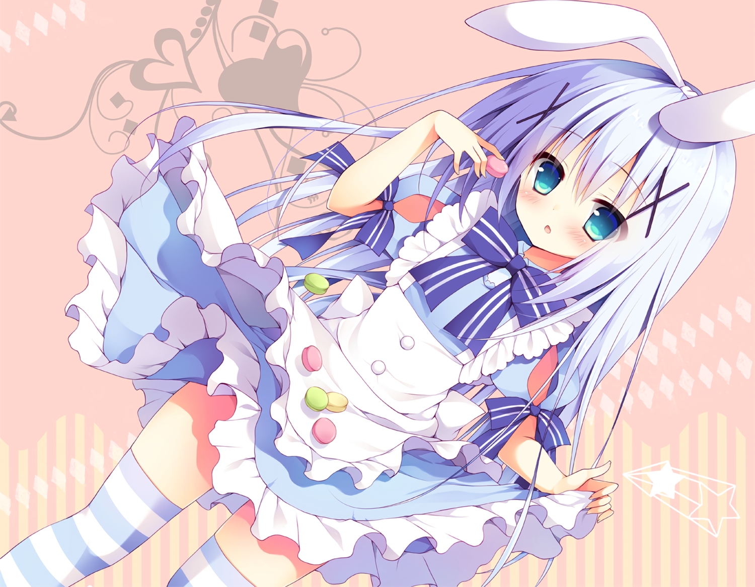 alice_in_wonderland, apron, aqua_eyes, blush, bow, cosplay, dress, food, gochuumon_wa_usagi_desu_ka?, headband, izumi_yuhina, kafuu_chino, lolita_fashion, long_hair, skirt_lift, stockings, thighhighs, waifu2x, white_hair