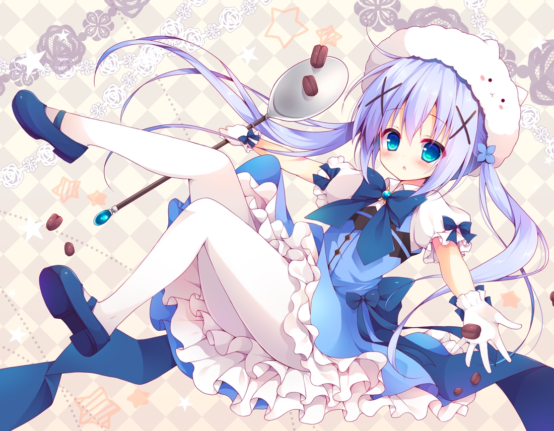 aqua_eyes, aqua_hair, blush, bow, dress, gloves, gochuumon_wa_usagi_desu_ka?, hat