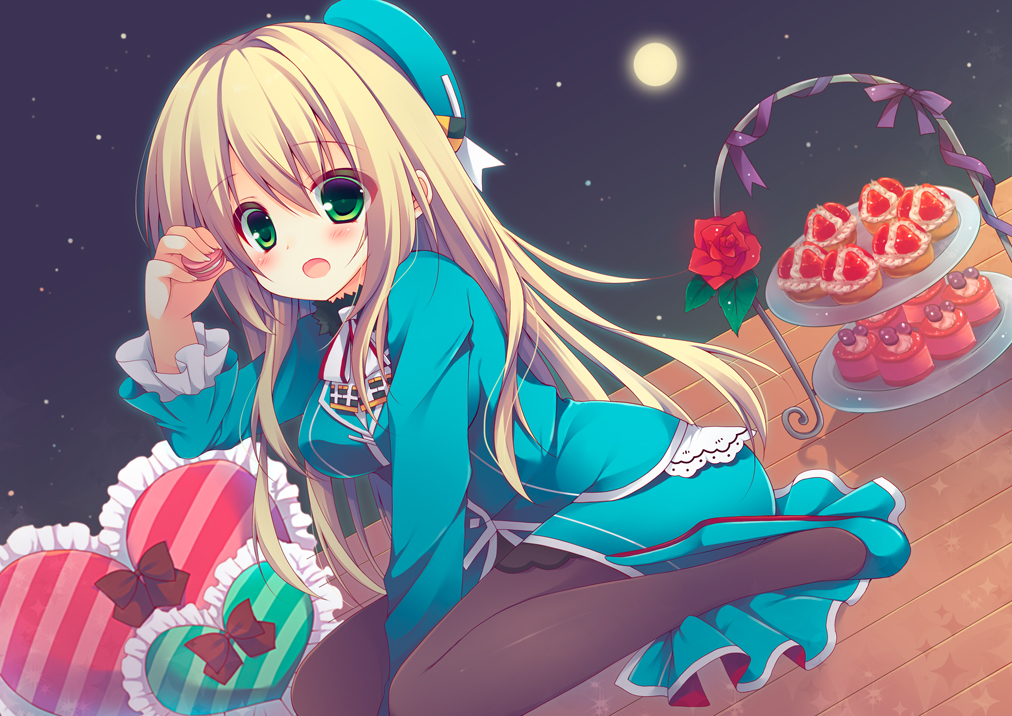 anthropomorphism, atago_(kancolle), blonde_hair, blush, food, green_eyes, hat, izumi_yuhina