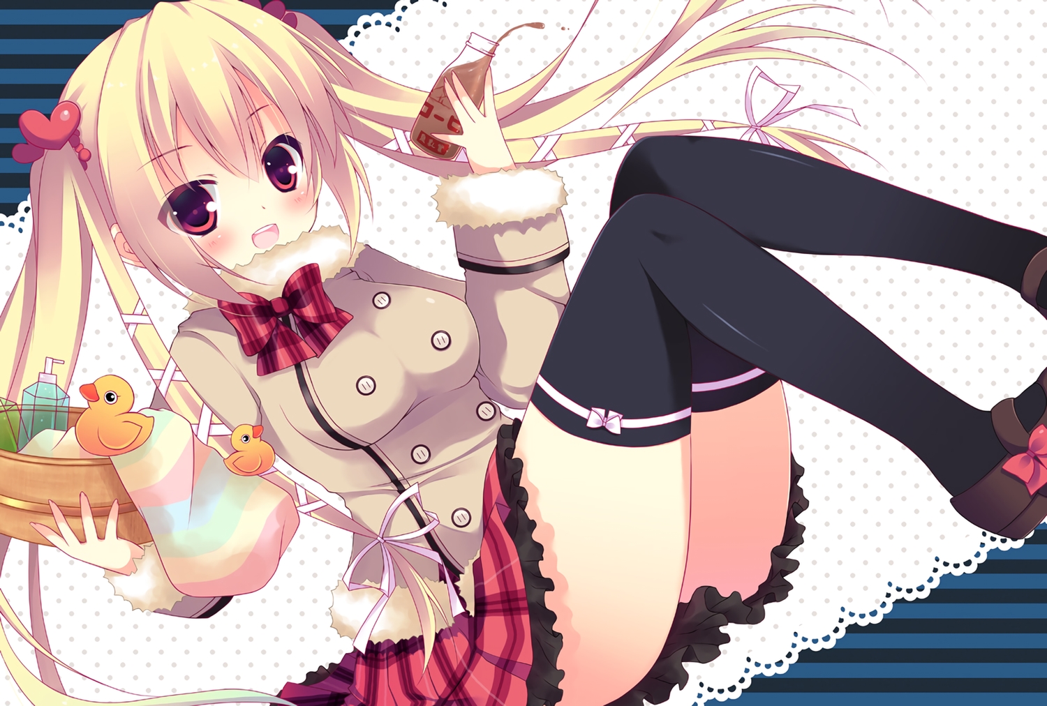 blonde_hair, blush, bow, drink, izumi_yuhina, long_hair, original, red_eyes