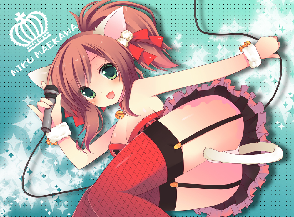 animal_ears, ass, bell, breasts, brown_hair, catgirl, cleavage, collar, garter_belt, green_eyes, idolmaster, idolmaster_cinderella_girls, izumi_yuhina, long_hair, maekawa_miku, microphone, panties, ponytail, skirt, stockings, tail, thighhighs, underwear, upskirt, wristwear