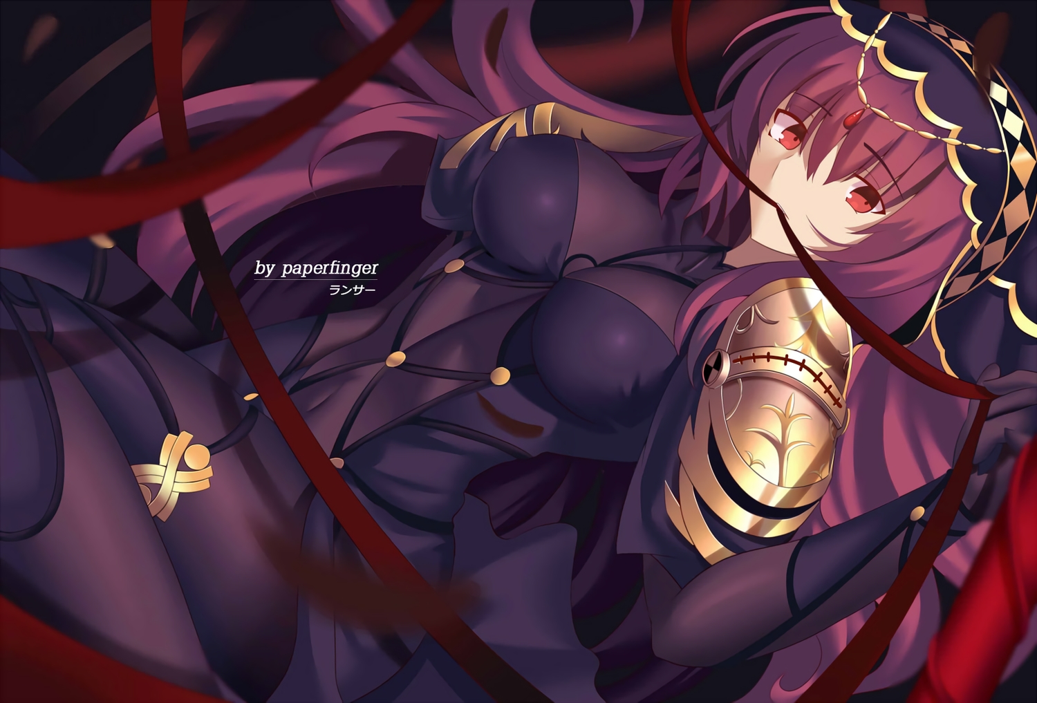 armor, bodysuit, erect_nipples, fate/grand_order, fate_(series), gloves, headdress, long_hair, navel, paperfinger, purple_hair, red_eyes, ribbons, scathach_(fate/grand_order), watermark