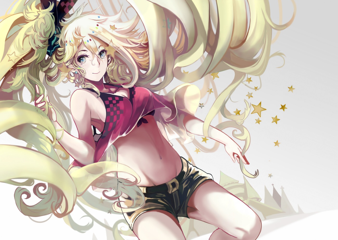 blonde_hair, breasts, cleavage, long_hair, navel, original, ryuuri_susuki, shorts