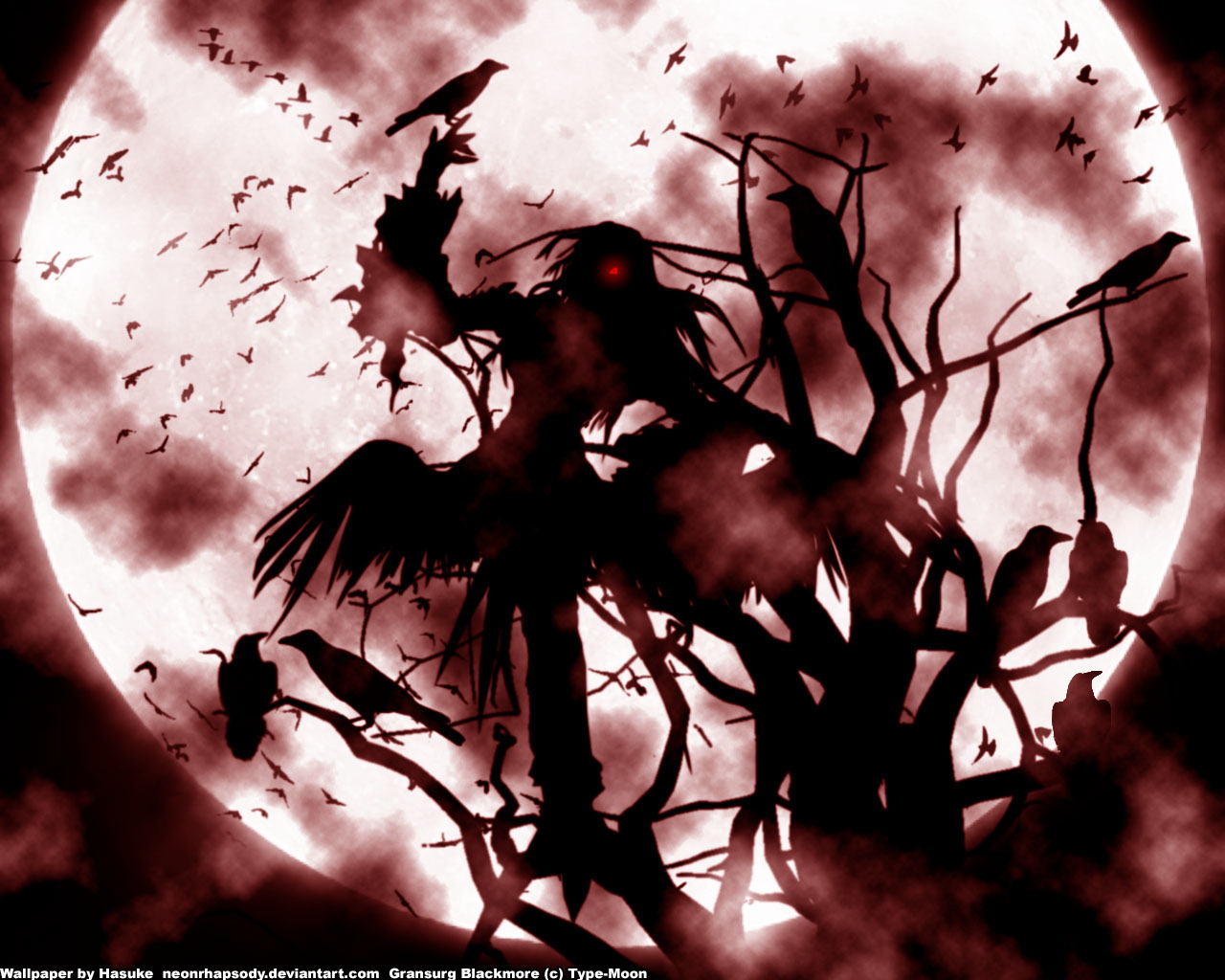 animal, bird, dark, gransurg_blackmore, moon, night, red_eyes, silhouette, tree, type-moon
