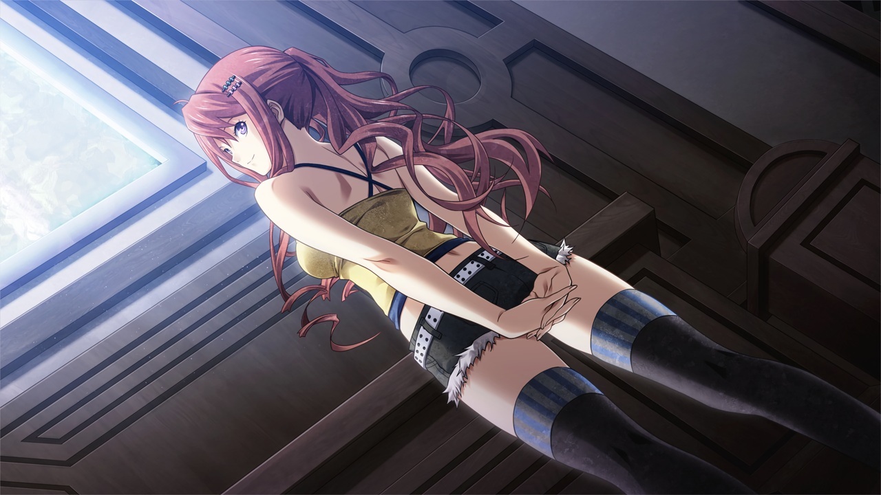 brown_hair, dunamis_15, goto_manami, long_hair, nagahama_megumi, ponytail, purple_eyes, shirt, shorts, thighhighs