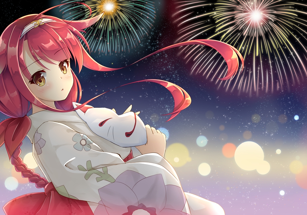 anthropomorphism, braids, fireworks, headband, iris_yayoi, japanese_clothes, kantai_collection, kawakaze_(kancolle), mask, night, red_hair, sky, summer, yellow_eyes, yukata