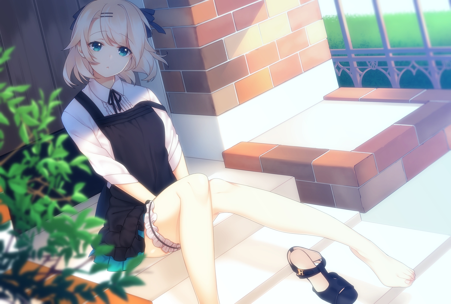 aqua_eyes, barefoot, blonde_hair, dress, garter, leaves, lio_(rumei2265874644), original, shade, short_hair, stairs
