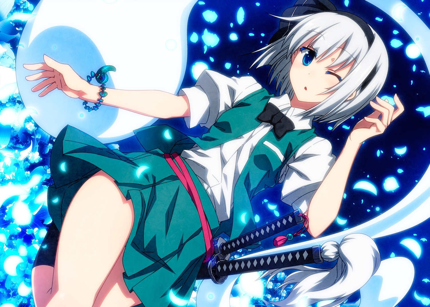 aqua_eyes, bow, headband, katana, kneehighs, konpaku_youmu, myon, sazanami_mio