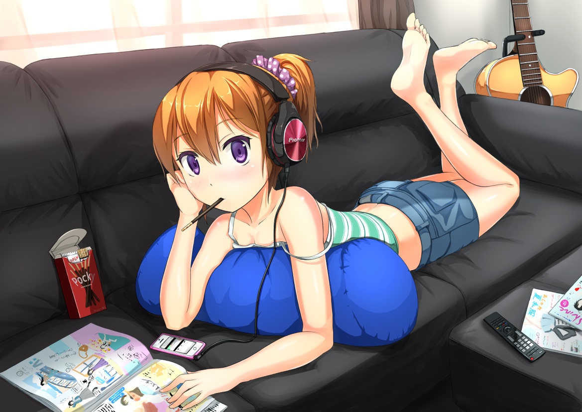 barefoot, book, couch, food, ginger_(syoga), guitar, headphones, instrument