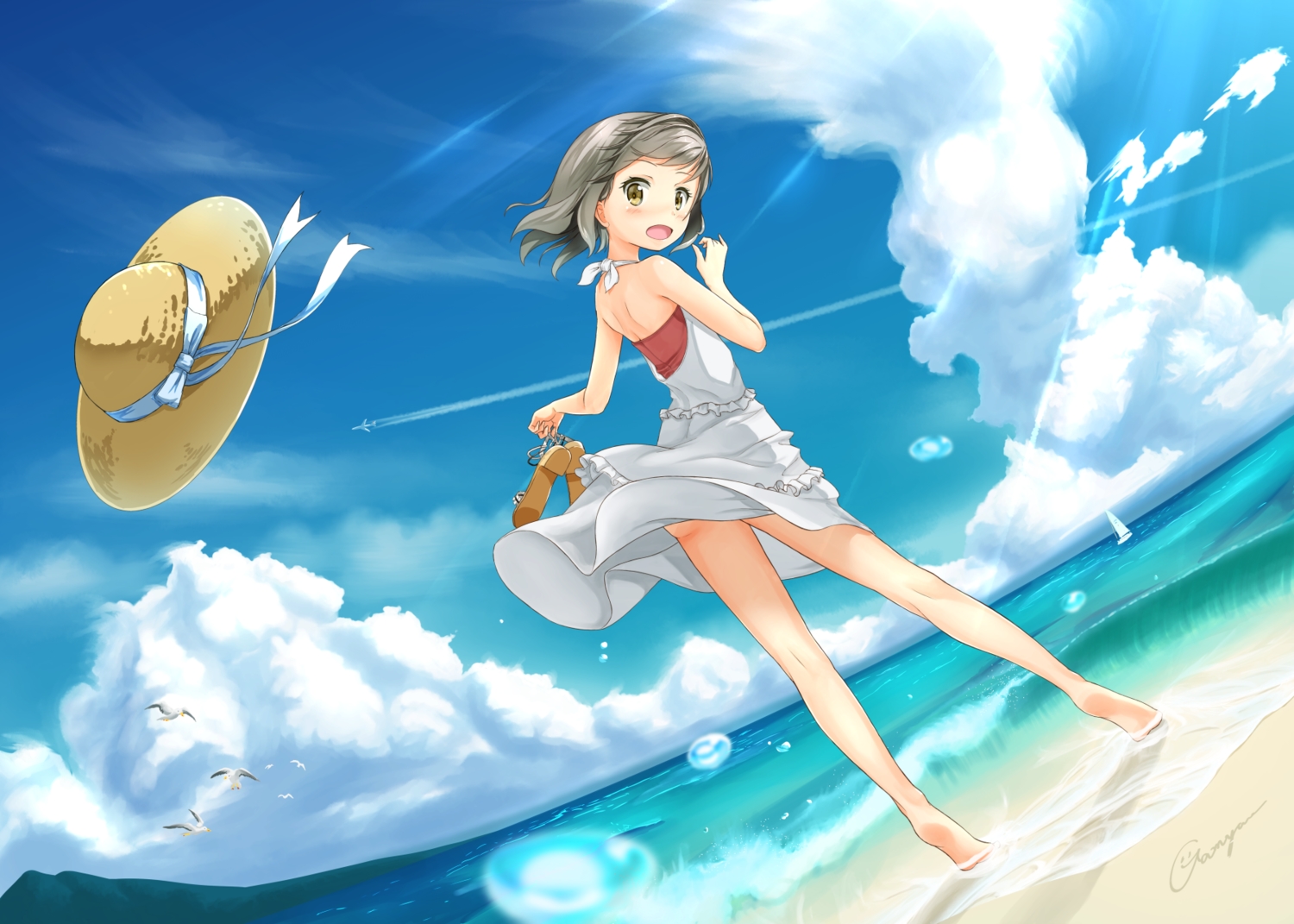 aircraft, animal, barefoot, beach, bird, blush, boat, clouds