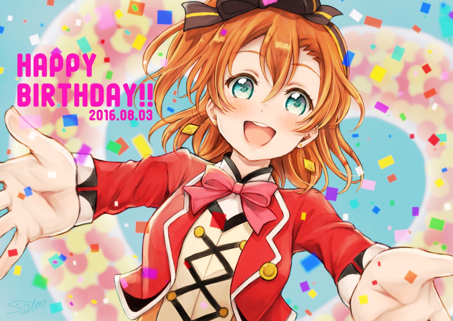 aqua_eyes, blush, bow, headband, kousaka_honoka, love_live!_school_idol_project, orange_hair, signed